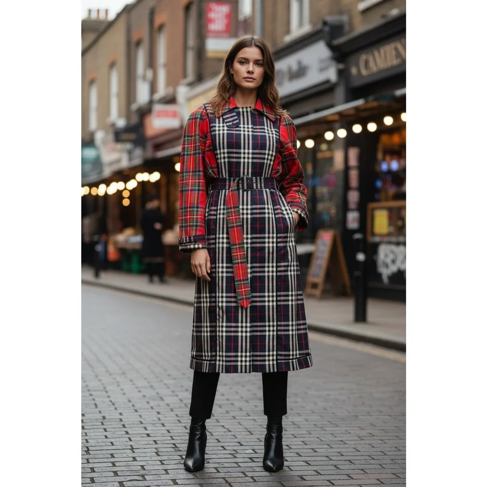 BURBERRY Size L Multi Color Cotton Plaid Belted Trench Coat - Picture 2 of 12